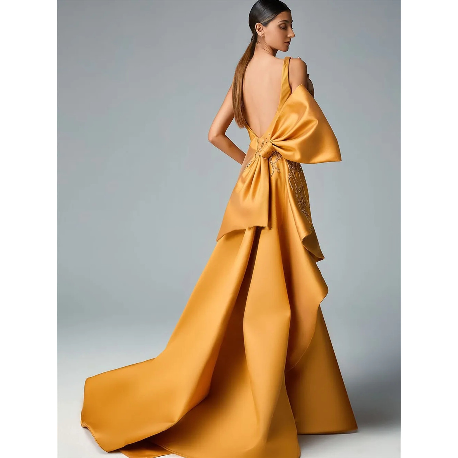 Jaune Design Meilleure Vente Sirène Balayage Spaghetti Train En Mousseline De Soie Cap Robes De Bal Robes De Soirée Formelles Manches Robes De Bal Plis Perlés