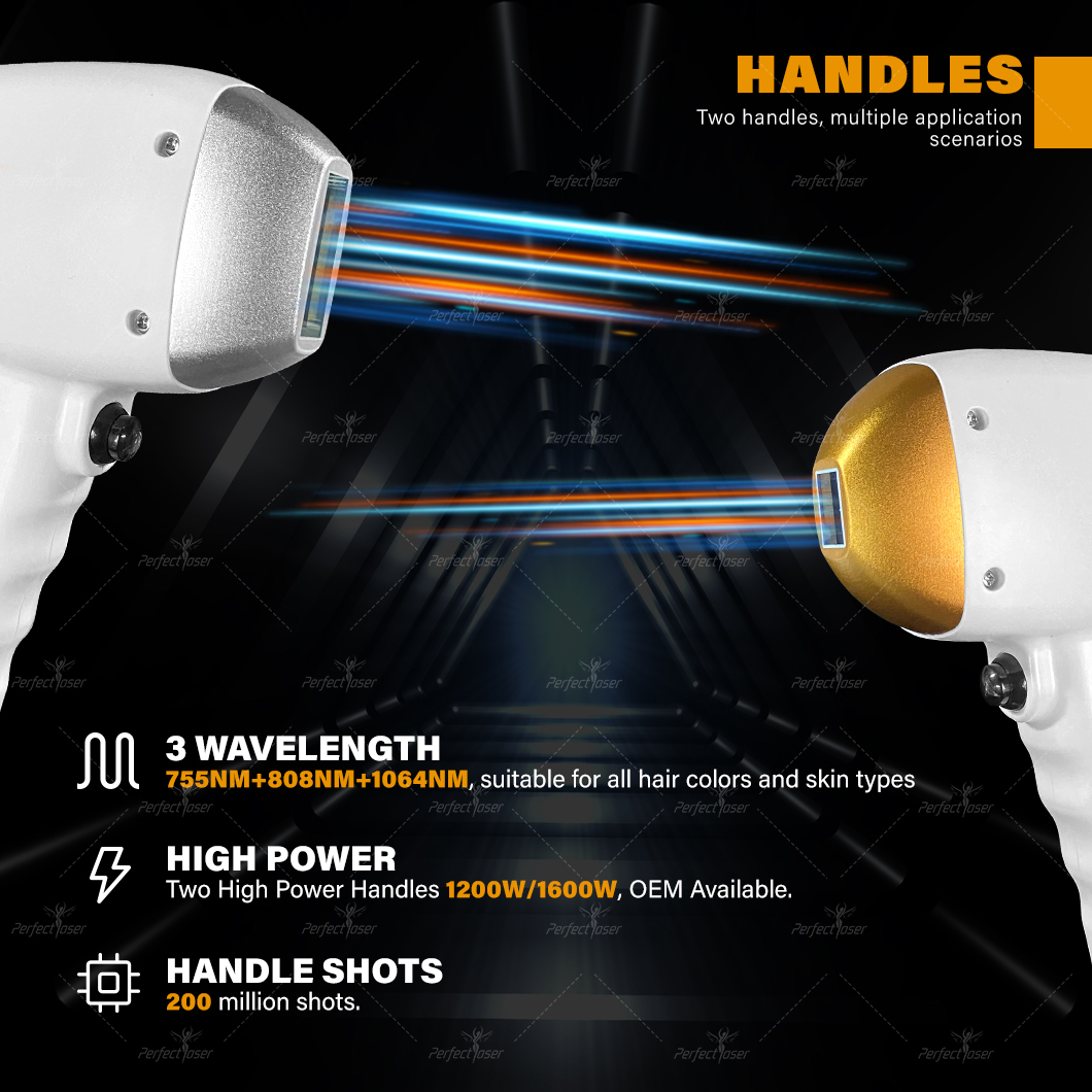 Máquina de remoção de pelos a laser de diodo, 2 alças, 755nm, 808nm, 1064nm, todos os tipos de pele, equipamento de depilação a laser de diodo