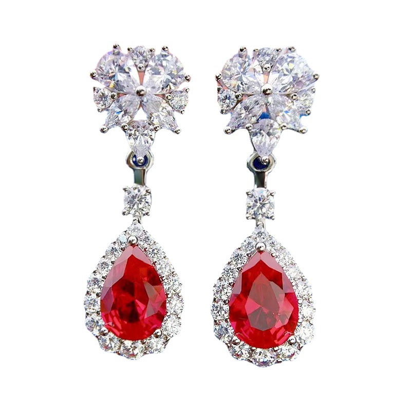 Charm Flower Ruby Diamond Dangle Earring 100% Real 925 Sterling Silver Wedding Drop Earrings For Women Bridal Promise SMYELLT