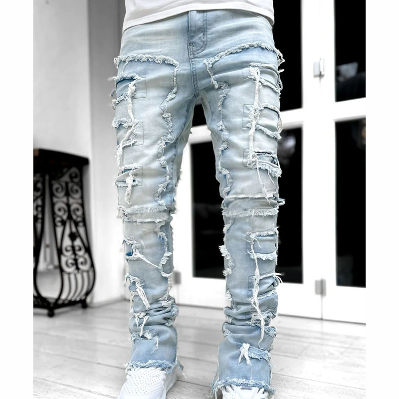 Jean pour hommes coupe régulière Patch empilé en détresse détruit pantalon en Denim droit vêtements de rue Jean décontracté