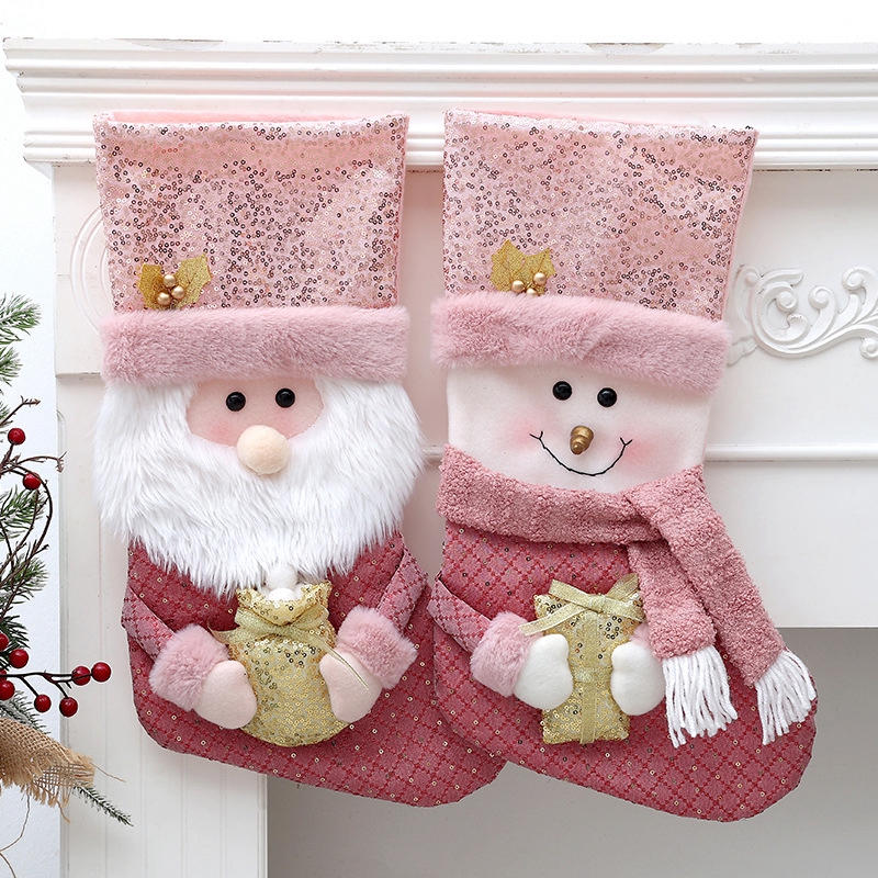 Sacos de presente de meia de Natal Lantejoulas Pelúcia Meias Rosa Decorações Xmas Grandes 41cm Meias Decorativas Durável Lareira Meia Pendurada Festa de Doces Bonito Papai Noel