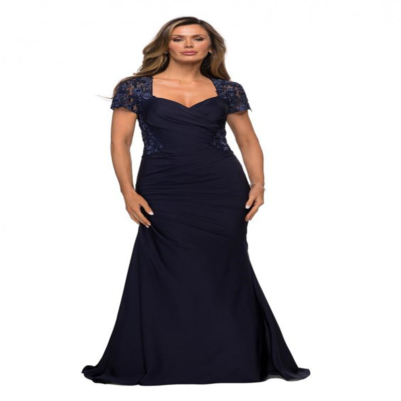 Dentelle moderne bleu marine mère de la robe de mariée manches courtes en mousseline de soie femmes robe de soirée formelle pour la fête de mariage vestido de mad nouveau