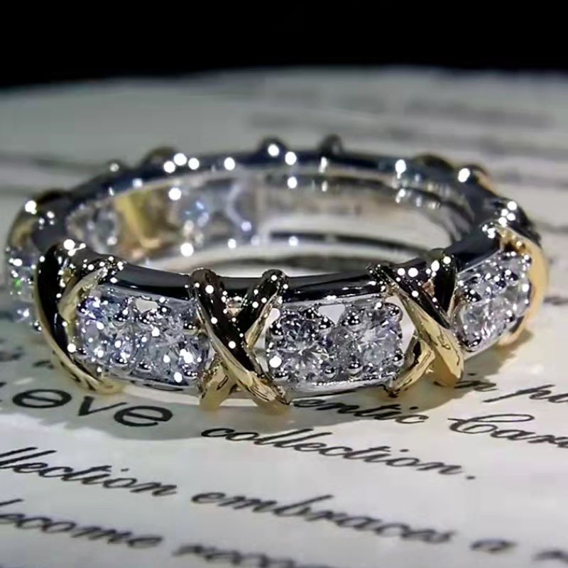 Bague de mariage professionnelle Eternity Diamonique CZ, imitation diamant 10kt, or blanc et jaune, bague croisée, taille 5-12