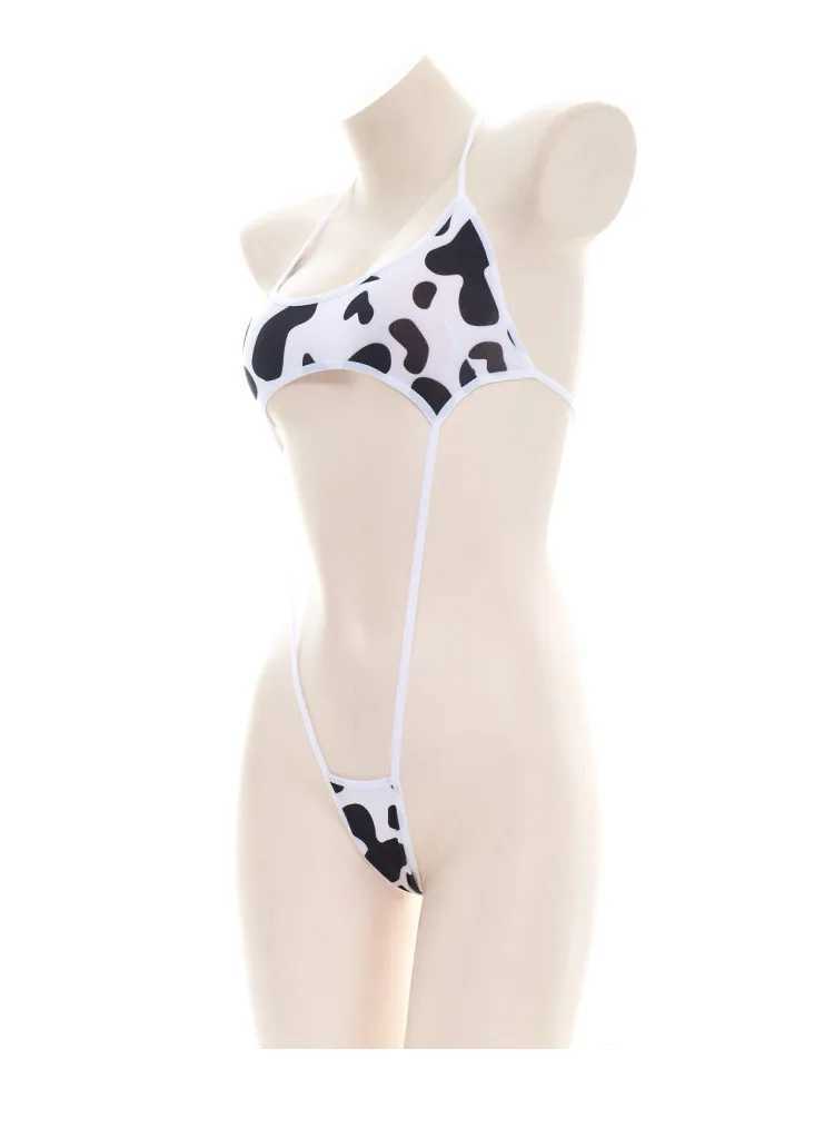 Sexy Pyjamas Kawaii Schwarz Weiß Kuh Print Mini Rückenfrei Einteiler Micro Bikini Overall Erotische Sex Kostüme Body für Frauen Sexy Dessous