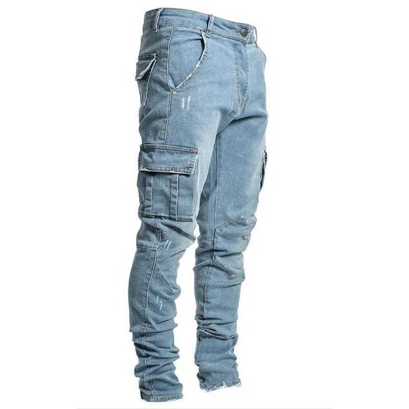 Herr jeans nya tvättade jeans för män fast färg multi fickor denim mitt midja last jeans plus size mode casual byxor man dagligen slitage