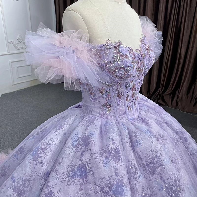 Robe de bal princesse brillante lavande, robes de Quinceanera, ourlet à volants, perles en Tulle, robe de 15 ans, à lacets dans le dos, robes de bal