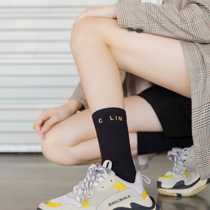 Cotton Socks for Men and Women Gold Letter Printed Stockings Solid Color Sports Socks