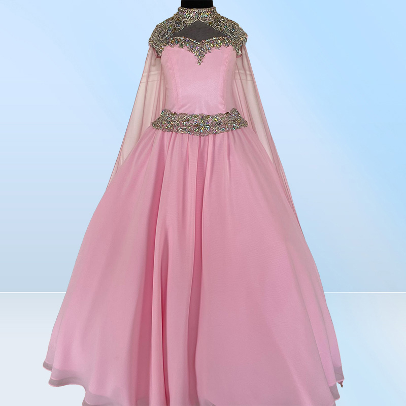 Pink Chiffon Pageant Dress for Teens Juniors 2022 Cape High Neck Bling Crystals Long Formal Event Party Gown for Little Girl Zippe5934120