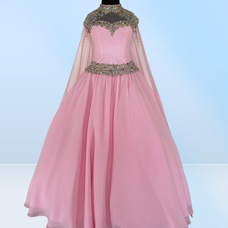 Pink Chiffon Pageant Dress for Teens Juniors 2022 Cape High Neck Bling Crystals Long Formal Event Party Gown for Little Girl Zippe2884492