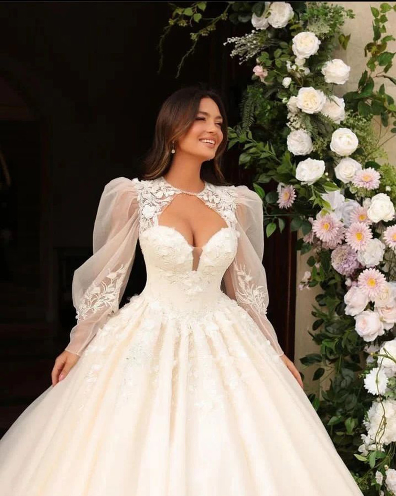 Elegante laço a linha vestido de casamento clássico 3d-appliques sexy com decote em v vestido de baile tule escova trem vestidos de noiva vestido personalizado D-H23515