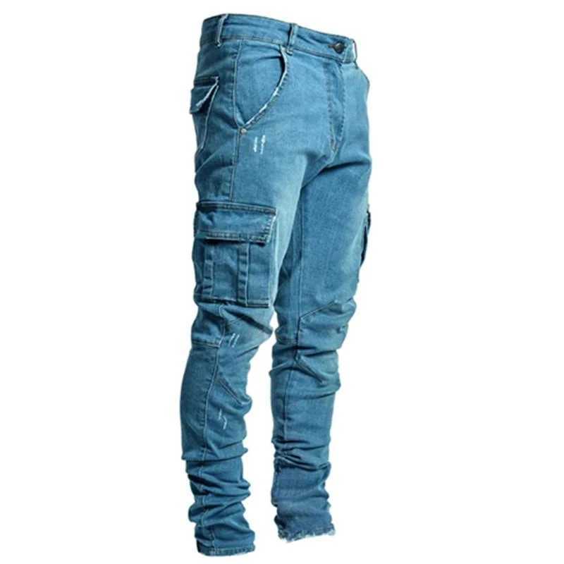 Herr jeans nya tvättade jeans för män fast färg multi fickor denim mitt midja last jeans plus size mode casual byxor man dagligen slitage