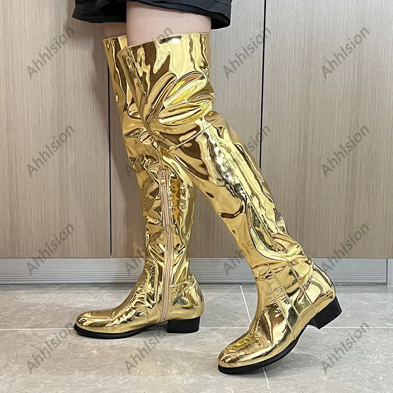 Ronticool Wide Calf Customize Women Winter Over Knee Boots Side Zipper Flat With Heels Round Toe Gold Club Shoes US Size 5-20