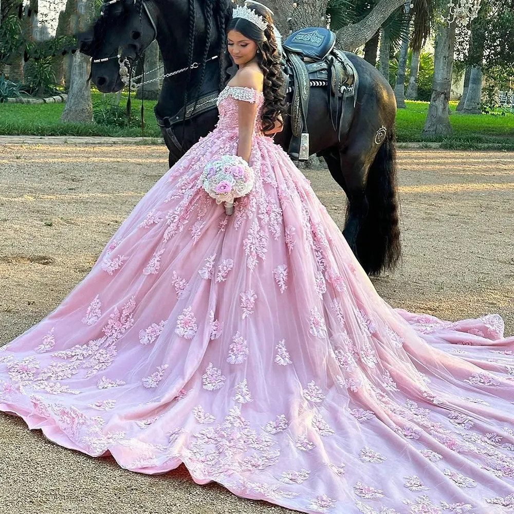 Pink Appliques Lace Ball Gown Quinceanera Dresses Crystal Off The Shoulder Beading Corset Vestidos De 15 Anos