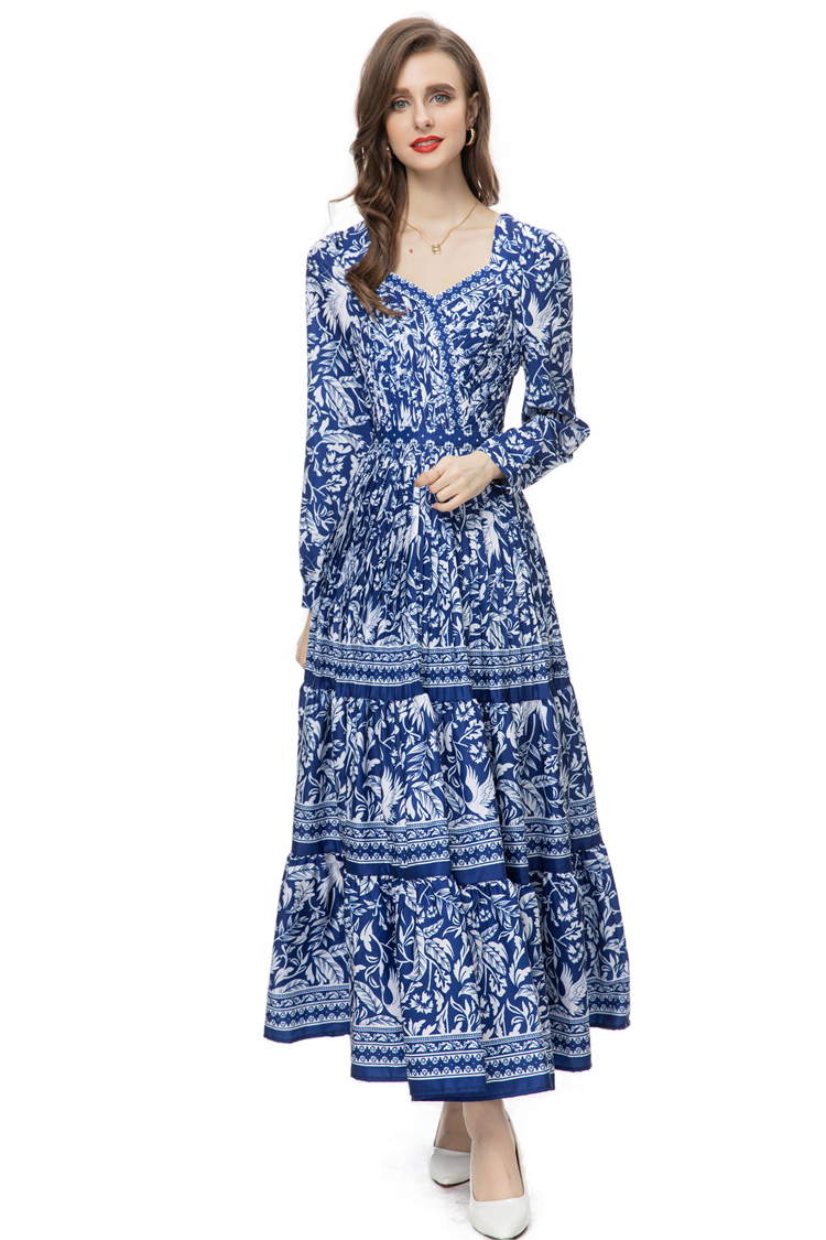 Women's Runway Dresses Sweetheart Neckline Long Sleeves Vintage Printed Tiered Elegant Designer Maxi Vestidos