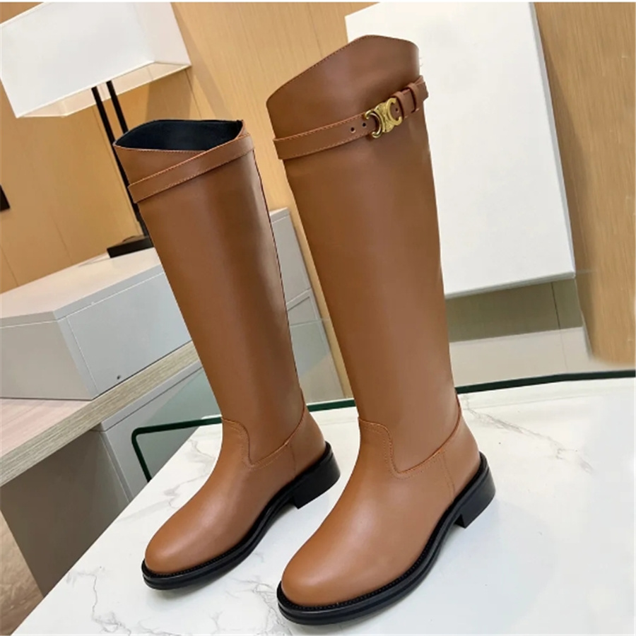 New Top qualit Curved-edge tall boot Round toe Curved-edge Slip-on flat heels Buckle decoration Knight Boots luxury designers shoes for women knee-high riding boots