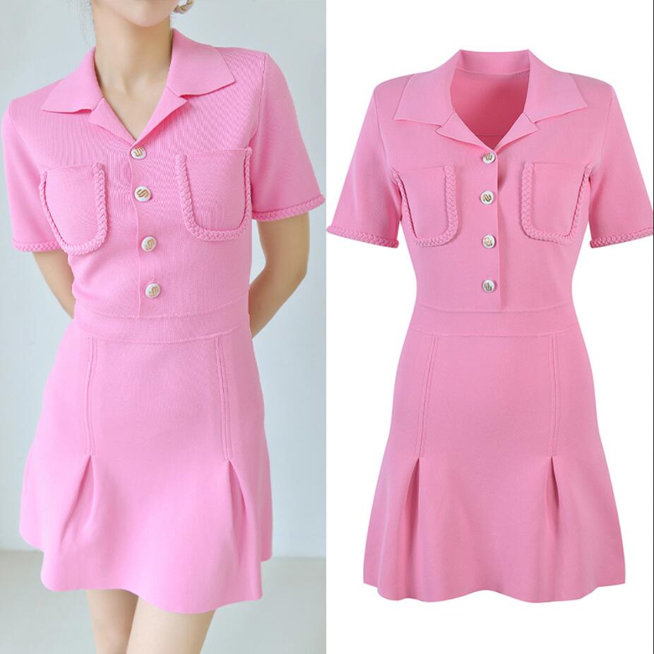 Pink Short Sleeves Maj-e Age Reducing Polo Neck Dress French Style Wrapped Waist Slim Short Skirt