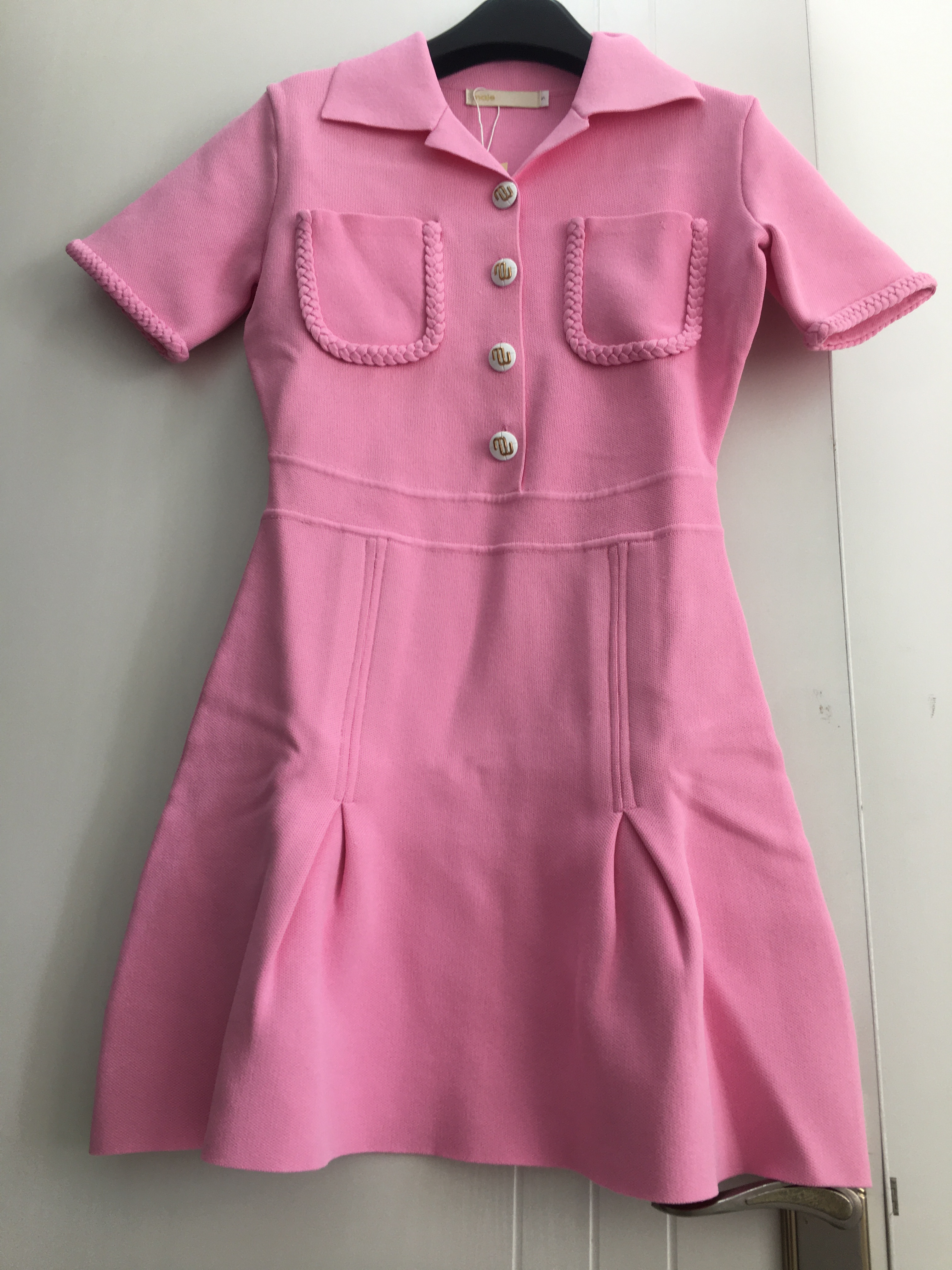 Pink Short Sleeves Maj-e Age Reducing Polo Neck Dress French Style Wrapped Waist Slim Short Skirt