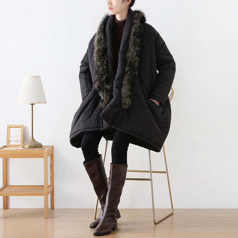 Winter Coat original design women long style A-line loose large size literary cotton-padded coat oversized fox fur collar cotton-padded coat