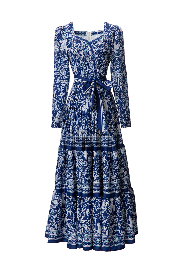 Women's Runway Dresses Sweetheart Neckline Long Sleeves Vintage Printed Tiered Elegant Designer Maxi Vestidos