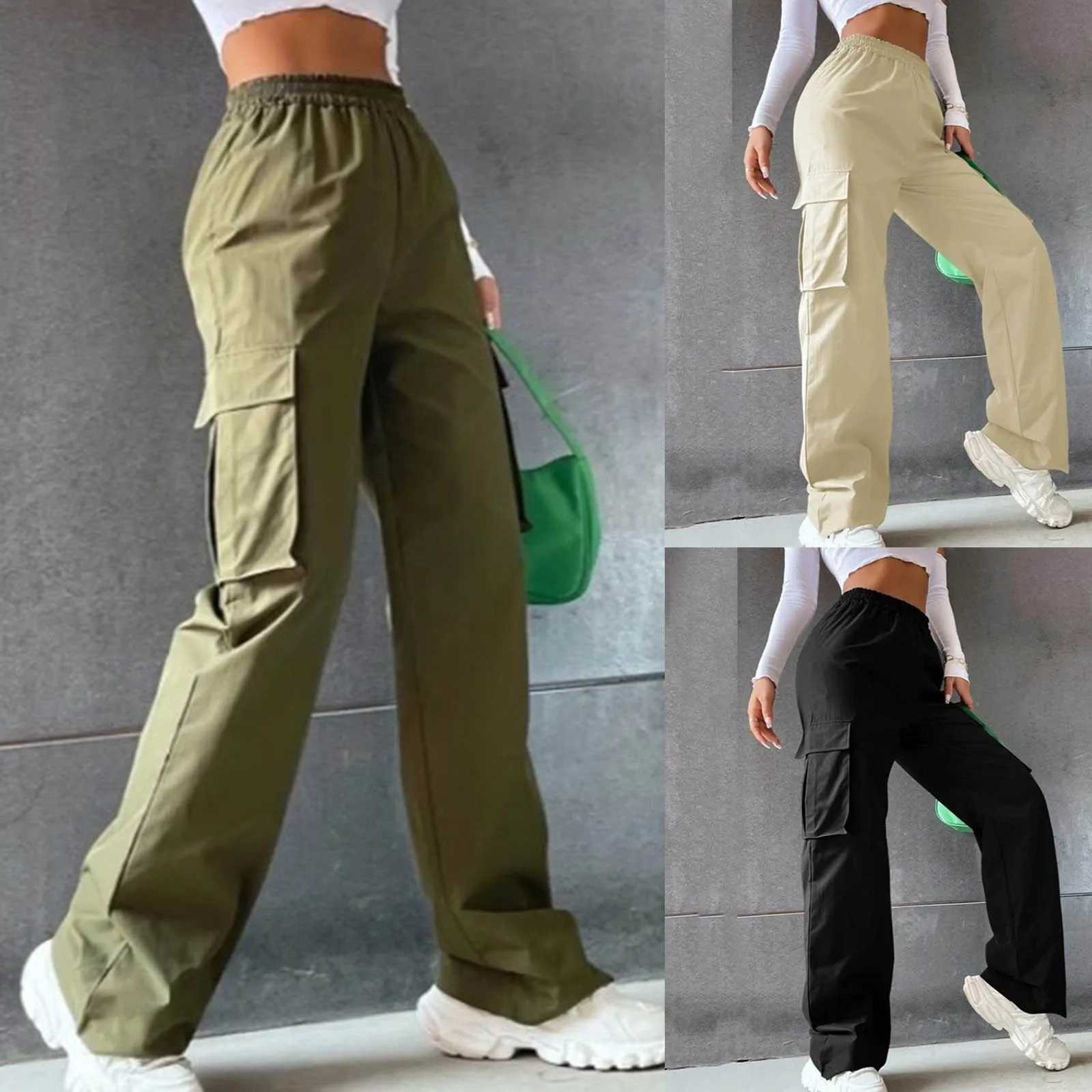 Pantaloni da donna Capris Pantaloni cargo verde militare pantaloni da donna a vita alta a gamba larga Tasche grandi da allenamento Streetwear Completi da jogging casual JoggersL2403