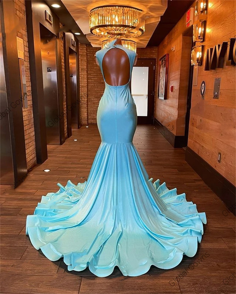 Baby Blue Sheer Neck Prom Dresses For Black Girls Beaded Crystal Diamond Birthday Party Dresses Mermaid Formal Gowns Robe De