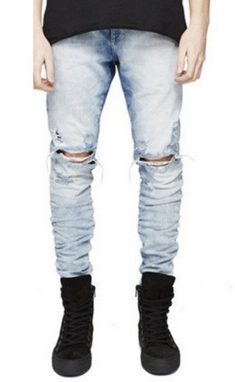 Men Casual Jeans Denim Pants Straight Distressed Ripped Knees Holes Regular 