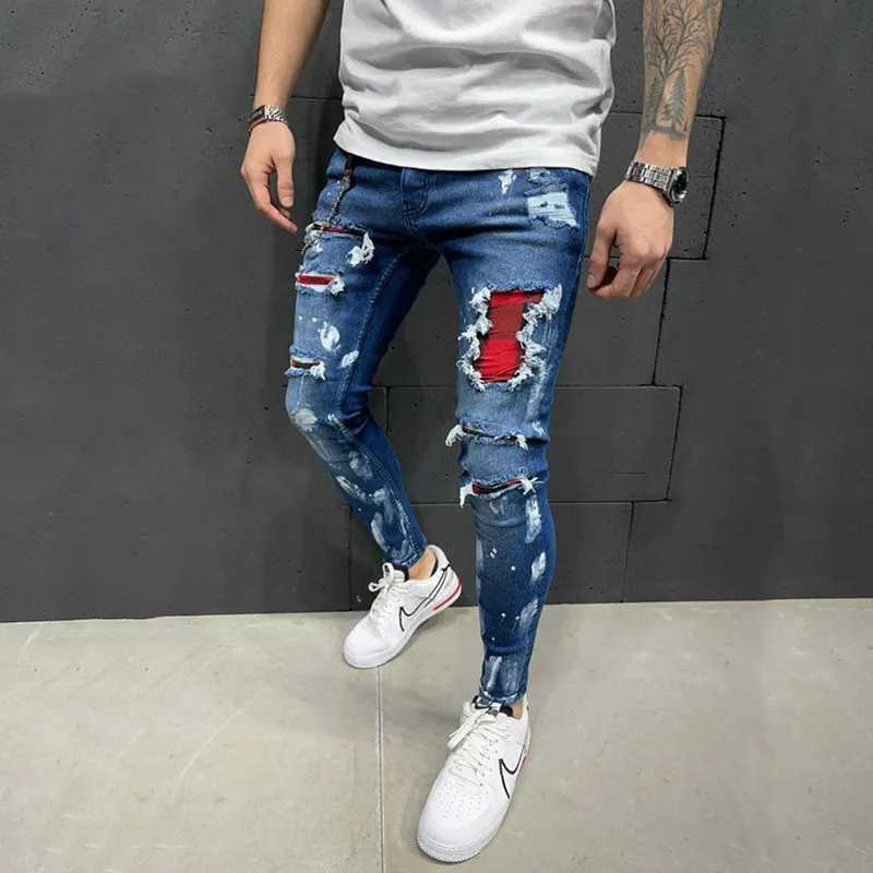 Mäns jeans rippade jeans män sträcker mager grå blå svart hiphop -denim byxor streetwear casual smala fit jeans för män jogga jeanl23126