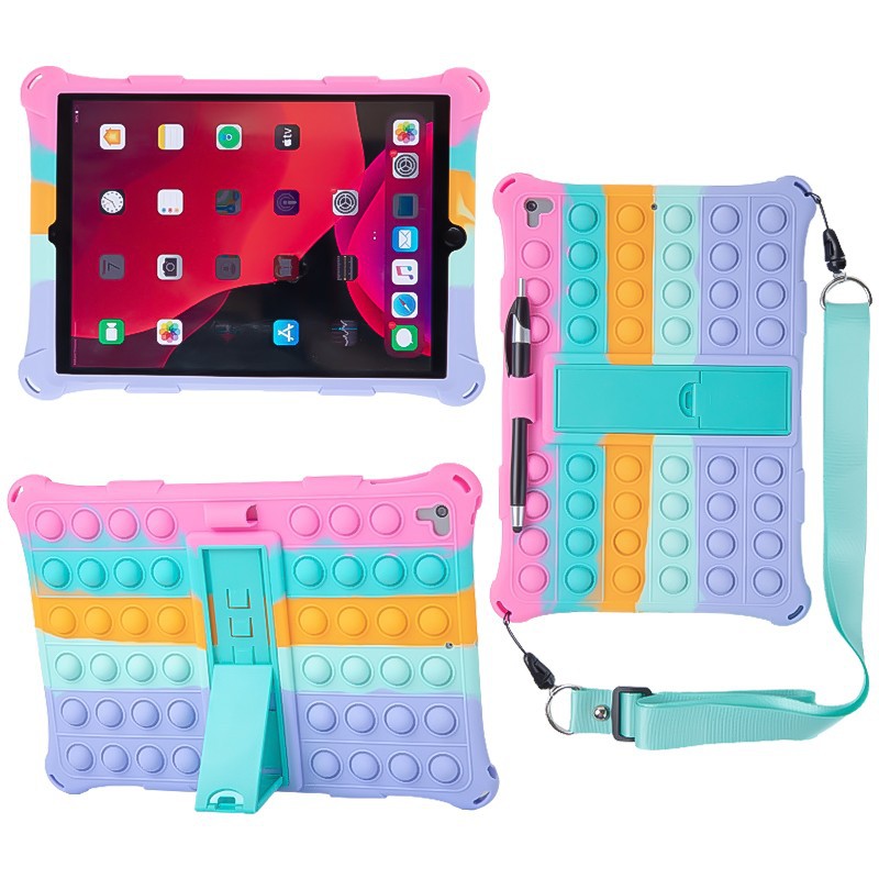 아이 패드 10.2 7 번 8 세대 iPad Pro 10.5 인치 푸시 버블 실리콘 케이스 태블릿 커버 어깨 스트랩 스타일러스 펜 홀더가있는 어린이 충격 방지 소프트 케이스