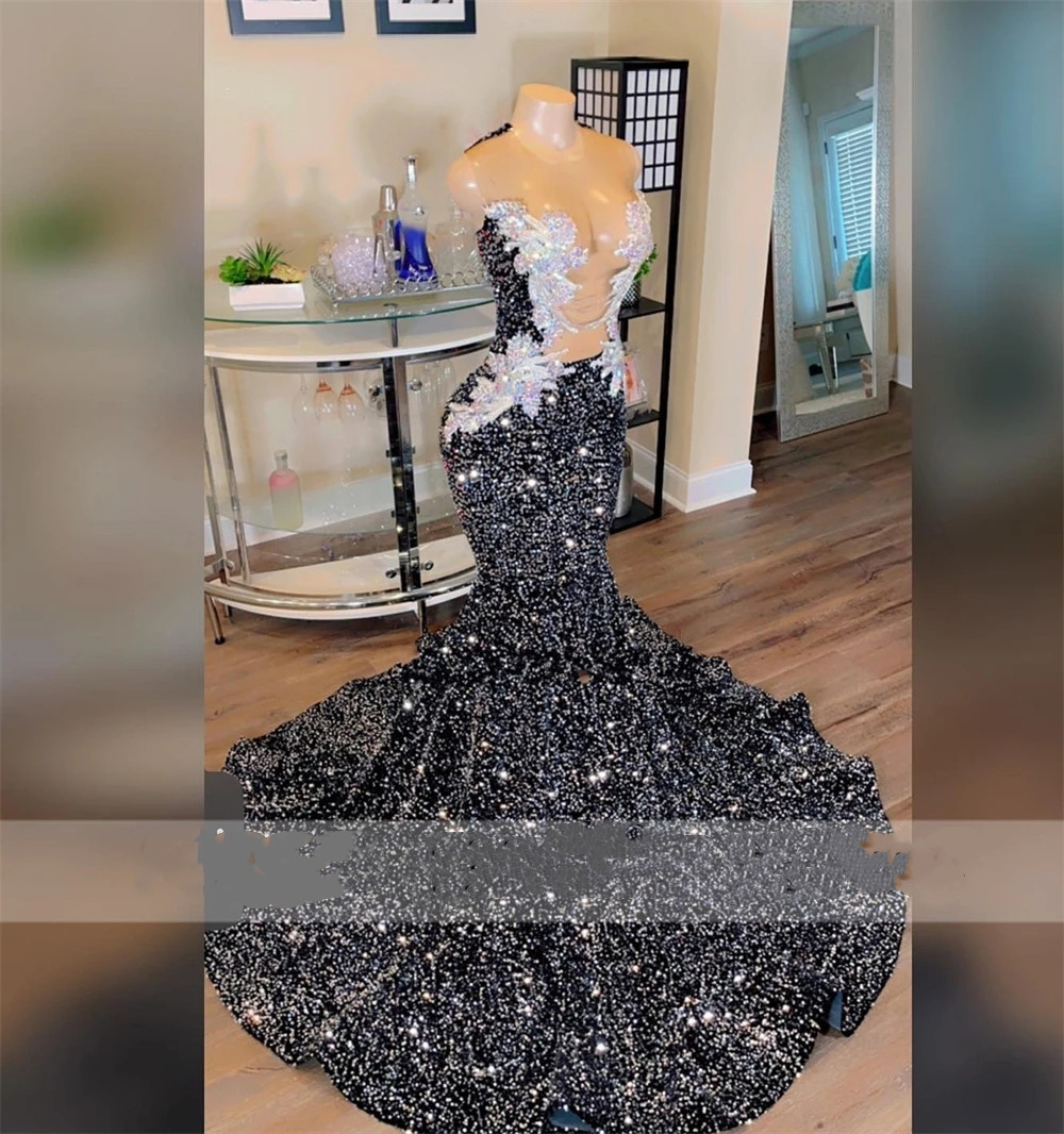 Glittering Crystals Black Sequin Mermaid Long Prom Dresses Tassels Elegant Dress For Special Occasion Party Black Girls Evening Gowns