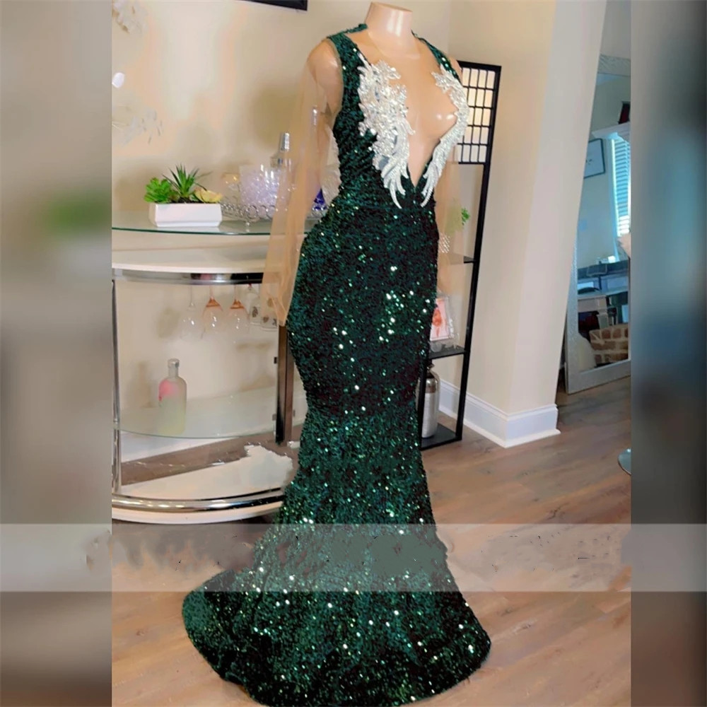 Vintage Dark Green Sequin Prom Dress For Black Girls 2024 Mesh Long Skeeve Gillter Mermaid Reception Gown Beaded robe de bal