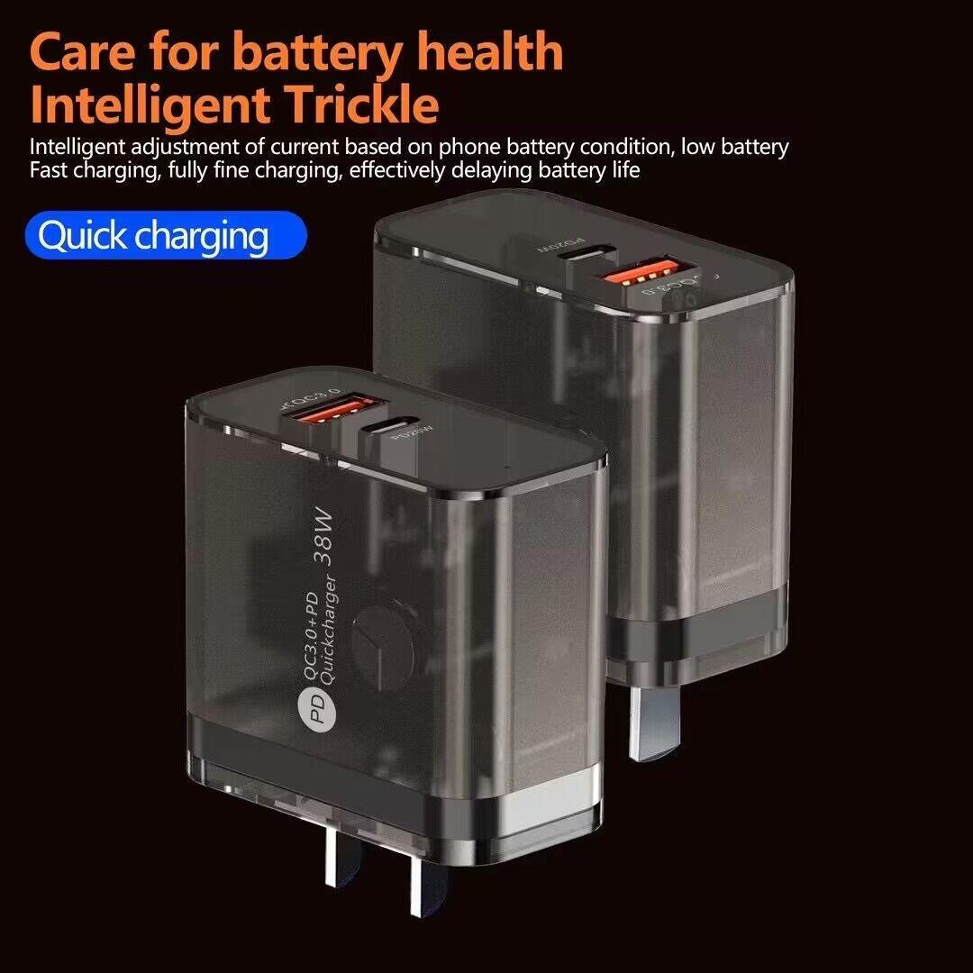 Caricabatterie trasparente da 38 W di vendita caldo PD20W porta tipo-c Caricatore da muro QC3.0 18 W iPhone Samsung Huawei