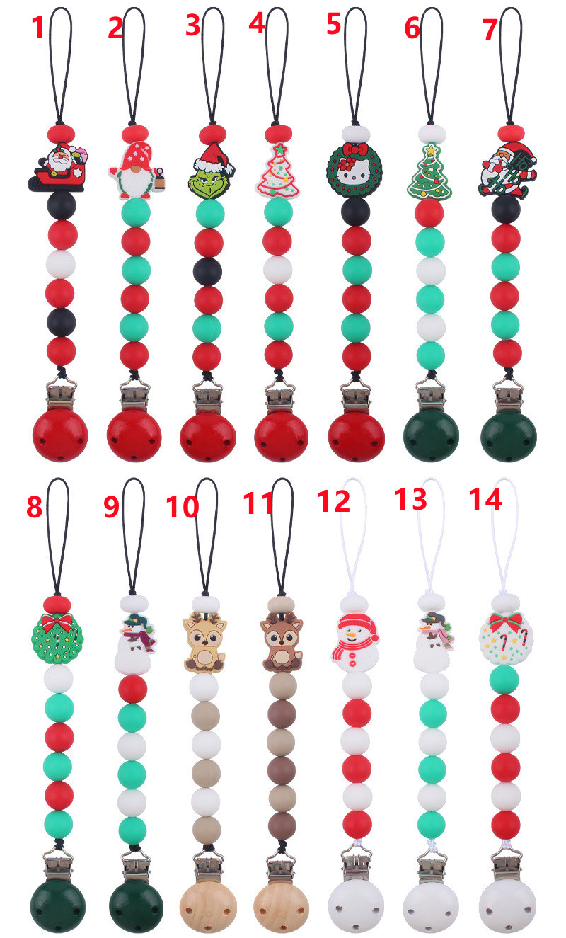 Clip ciuccio in silicone Cartone animato Babbo Natale Albero di Natale Porta catena capezzoli fittizio Catene succhietto dentizione neonato