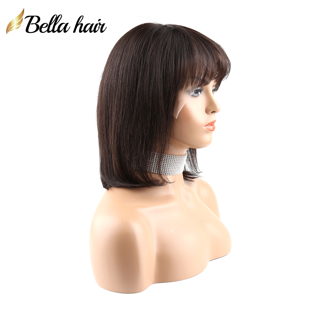 Short Bob with Bangs Virgin Hair Wig Straight Natural Black Cut Human Hair Full Lace Front Wigs For Black Women 130% 150% 200% 8 10 12 inch Quality Bella Hair Trending SALE