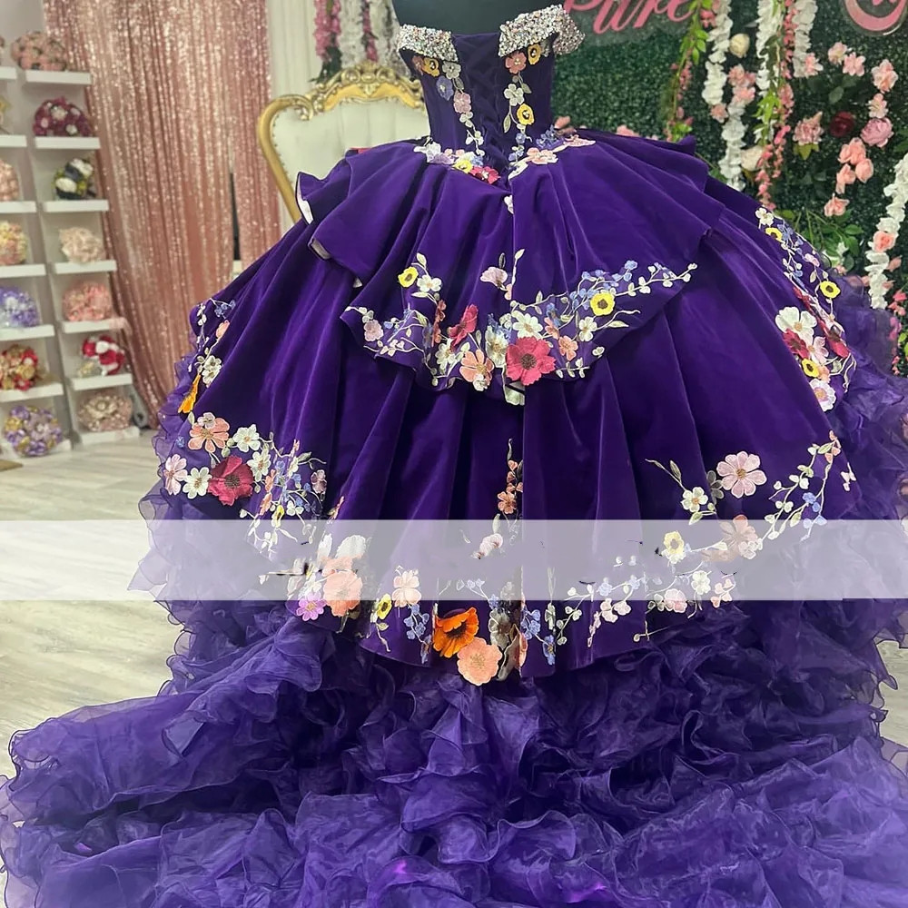 Charro Quinceanera Dresses 2024 Purple Emboridery Lace Mexican Vestidos De 15 Anos Princecss Birthday Party Gowns