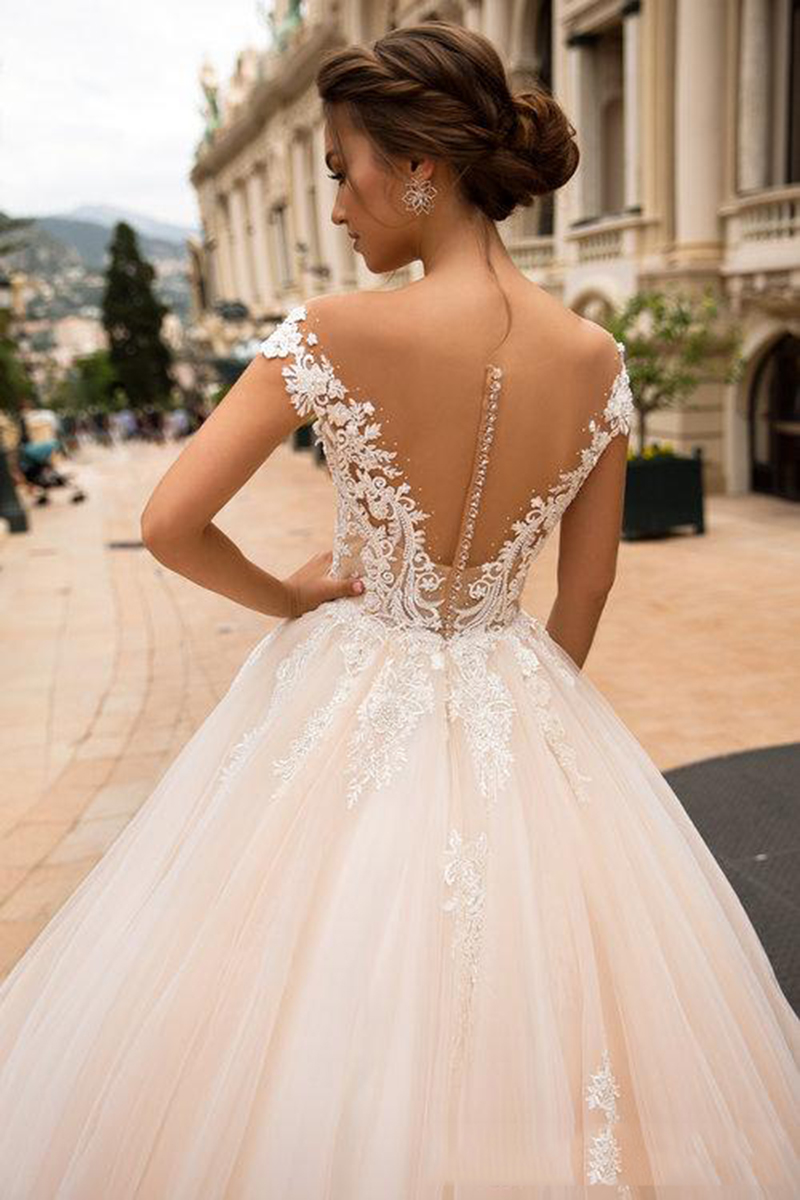 Luxury Jewel Sheer Lace Applique Long Sleeves Bridal Wedding Dresses Illusion Bodice Ball Gown Bridal Dress 2023