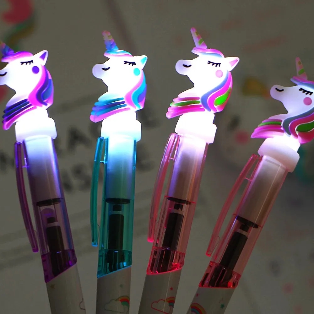 wholesale Cartoon Unicorn Light Pen LED Lights Silica Head Gel Pen Glowing Ballpoint Pen Student Stationery School Writing Gift Supplies blue ink