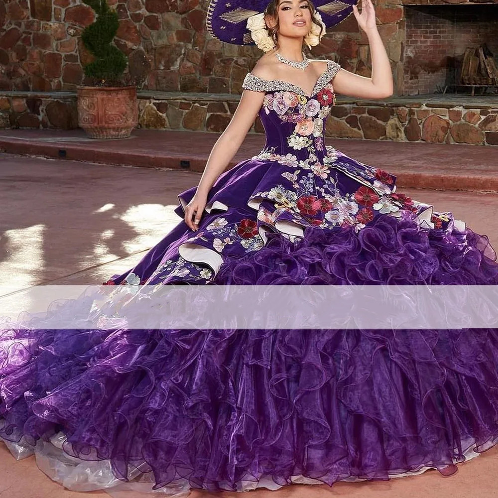 Charro Quinceanera Dresses 2024 Purple Emboridery Lace Mexican Vestidos De 15 Anos Princecss Birthday Party Gowns