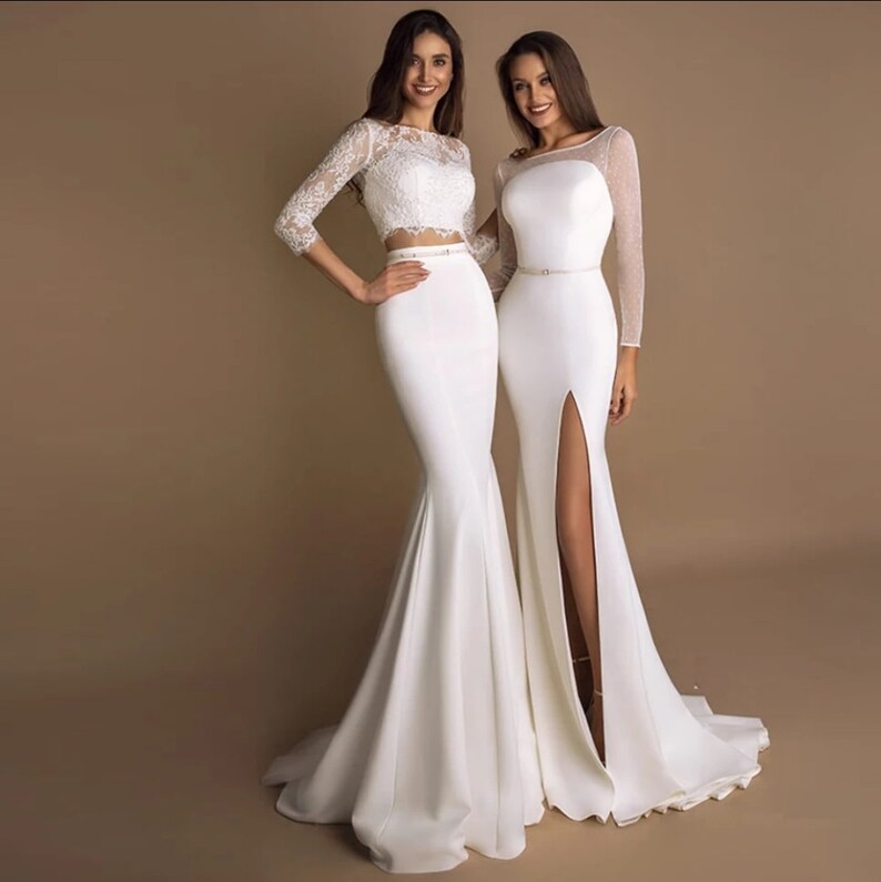 Classic Two Pieces Lace Wedding Dress Mermaid Long Sleeves Bridal Gowns Sweep Train Vestido De Novia