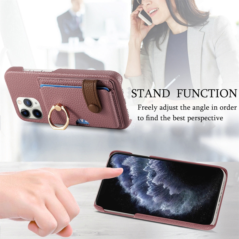 ID -kortplats Fickhållare Fall för iPhone 15 Plus 14 Pro Max 13 12 11 X XR XS 8 7 Leechee Litchi Pu Leather Finger Ring Stand Kickstand Hard PC TPU Cell Phone Back Cover Cover