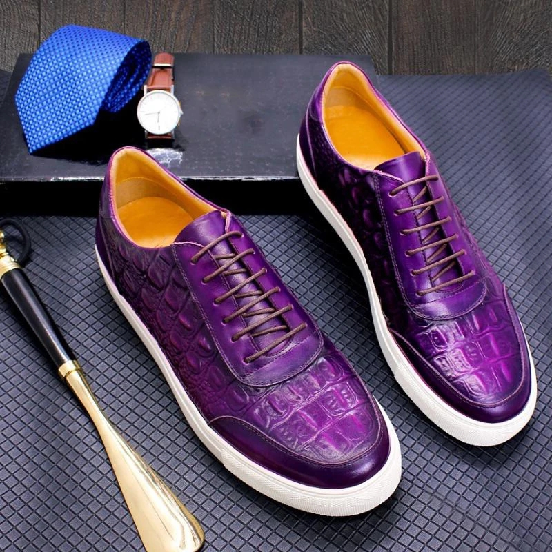 Luxury purple casual leather shoes men's cowhand crocodile embossed purple black men's plate-size flat sneakers a34