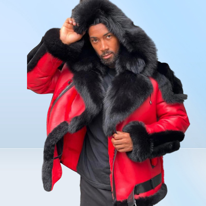 Men039s Fur Faux Leather Winter Jacket Thicken Velvet Collar Hooded Zipper Color Block Patchwork Fashion Red Men8672579