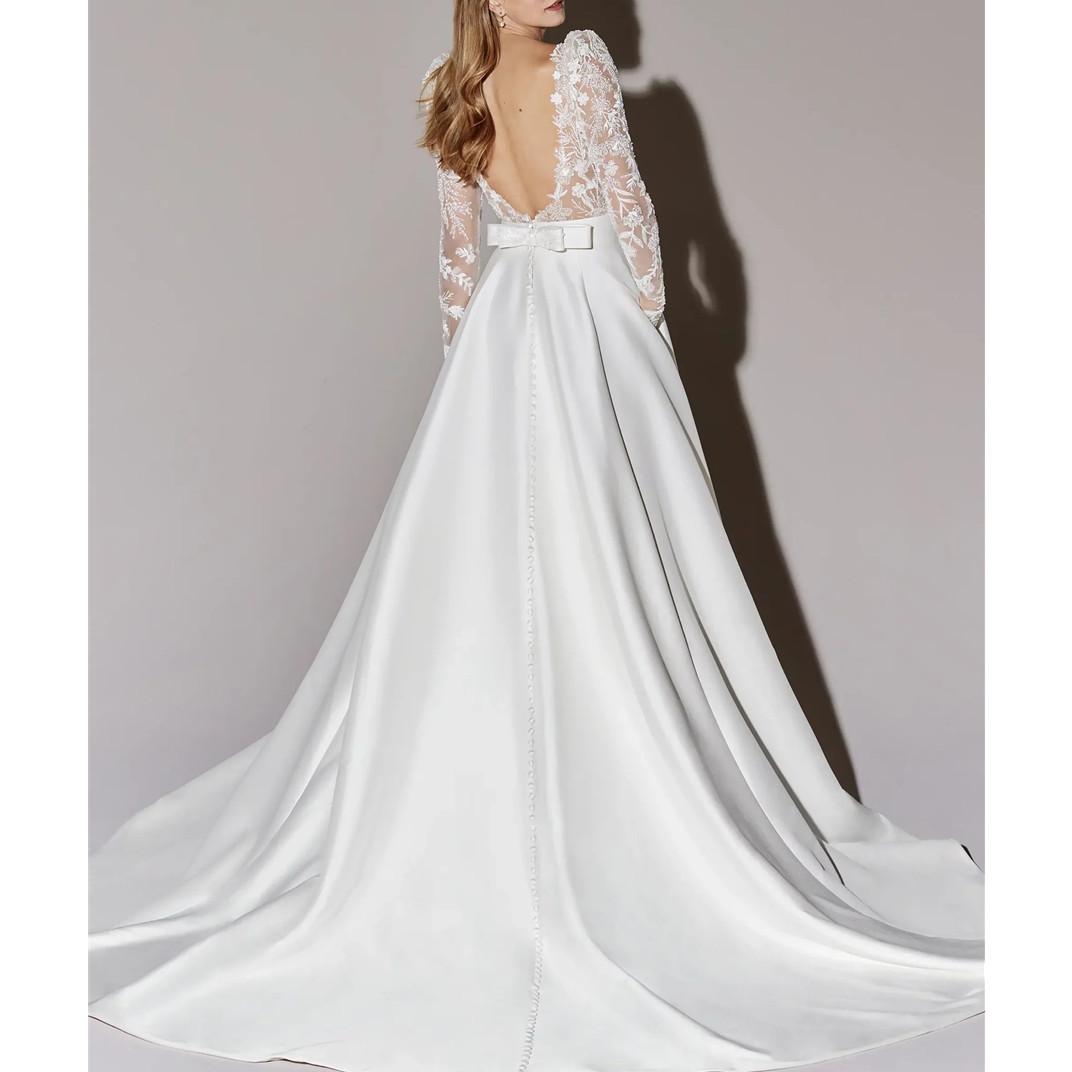 Luxury Satin Wedding Dress Appliques Long Sleeves Bridal Gownss Robe De Mariee Plus Size Custom Made