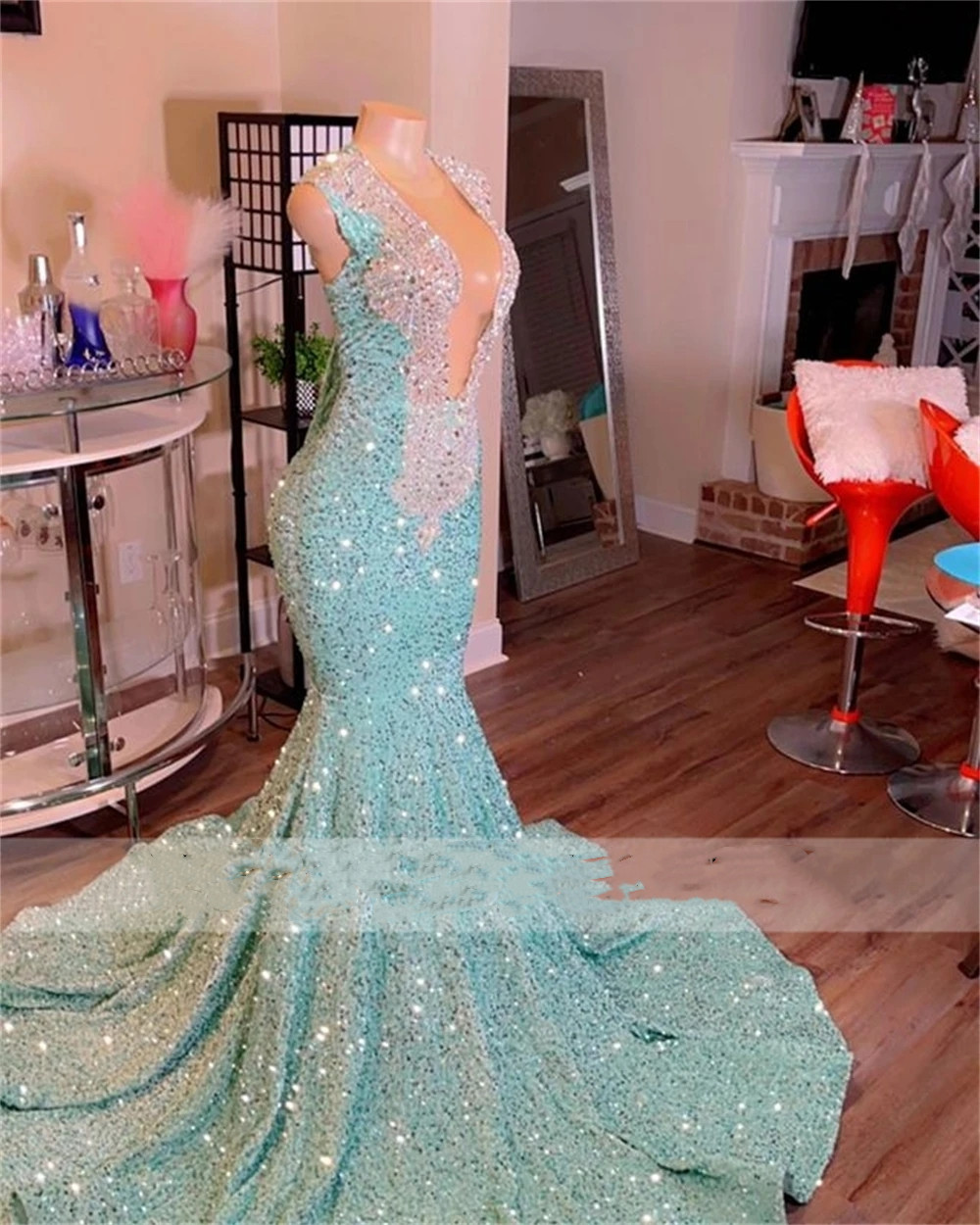 Mint Green Sequin Mermiad Prom Dresses 2024 For Black Girl For robe de bal Sheer Neck Plus Size Sweep Train Prom Party Gowns