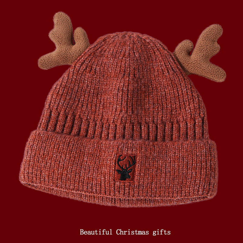 Christmas Hat Autumn and Winter New Red Knitted Hat Women's Antlers and Velvet Warm Woolen Hat