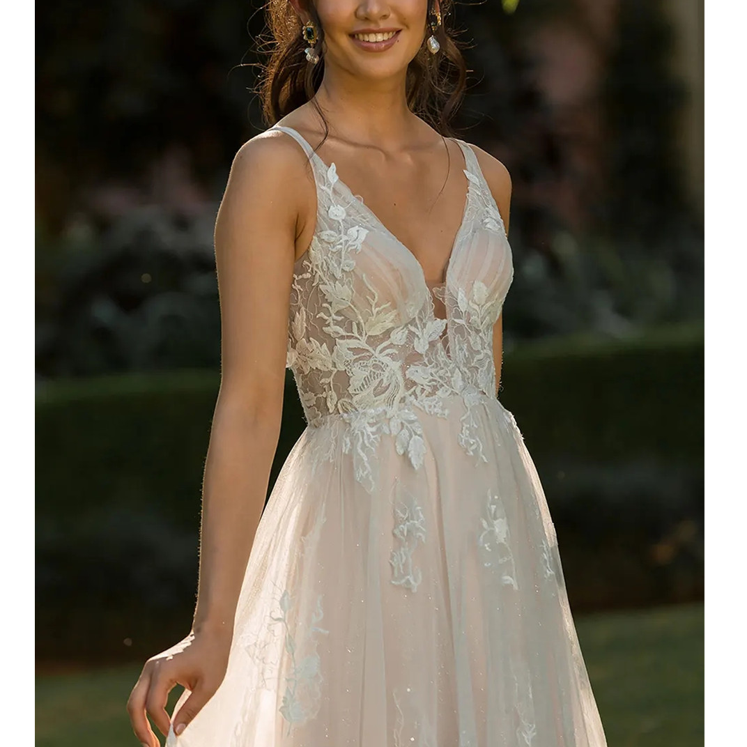 Princesa boho vestido de casamento feminino lindo sem mangas rendas apliques plissados a linha vestidos de noiva trem varredura