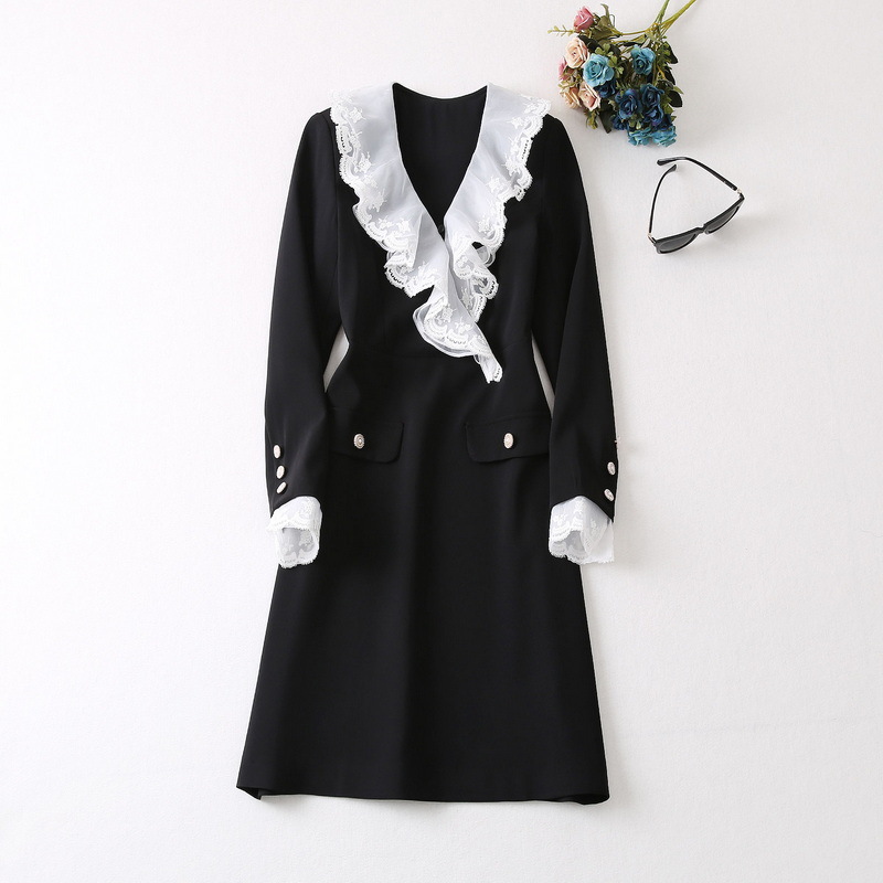 1025 2023 Runway Dress Autumn Dress V Neck Black Long Sleeve Brand Same Style Empire Womens Dress Fashion High Quality YY