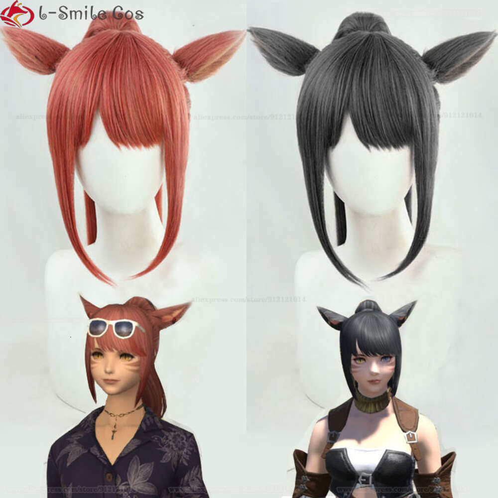 Costumi Catsuit Gioco FF14 Ryne Gaia Orecchie Cosplay Final Fantasy XIV Coda di cavallo lunga Capelli sintetici resistenti al calore FFXIV Parrucche feste + Protezione parrucca