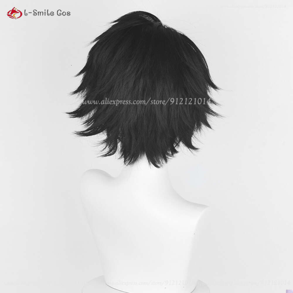 Costumes Catsuit Anime Death Note Lawliet Cosplay 30 cm court noir L cheveux synthétiques résistants à la chaleur perruques de fête d'Halloween + bonnet de perruque