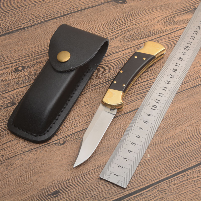 Factory Price Classic 112 AUTO Tactical Folding Knife 440C Satin Blade Ebony/Brass Head Handle EDC Pocket Knives With Leather Sheath Gift Knifes