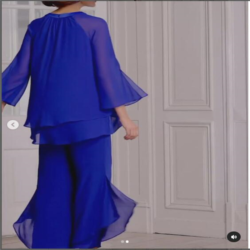 2023 Full Sleeves High Low Mother Of The Bride Dresses With Bead Royal Blue Chiffon Robe Pour De Mariage MD231026